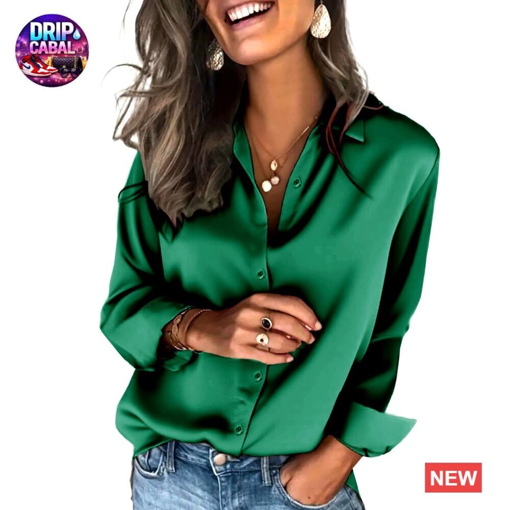 Satin Button Down Shirt Long Sleeve Business Casual Elegant Chic Blouse